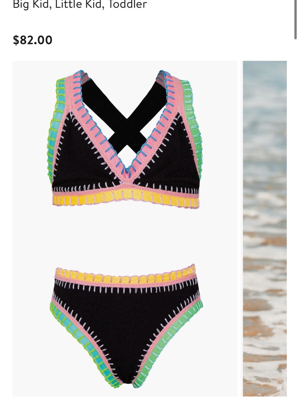 NWOT Pq Swim Girls Rainbow Embroidered 2Pc Bikini Set, Black size 12